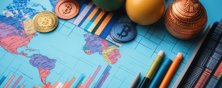 A vibrant flat lay featuring cryptocurrency coins, charts, and colorful pens on a world map background, ideal for finance themes.