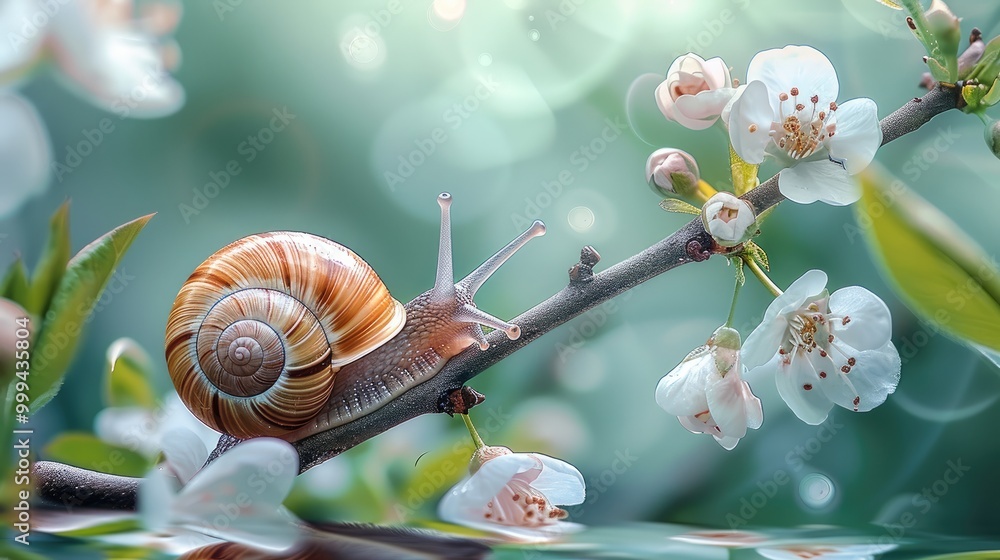 Poster on a thin branch with green leaves, there's a lovely snail family sitting on a spring green hazy bac