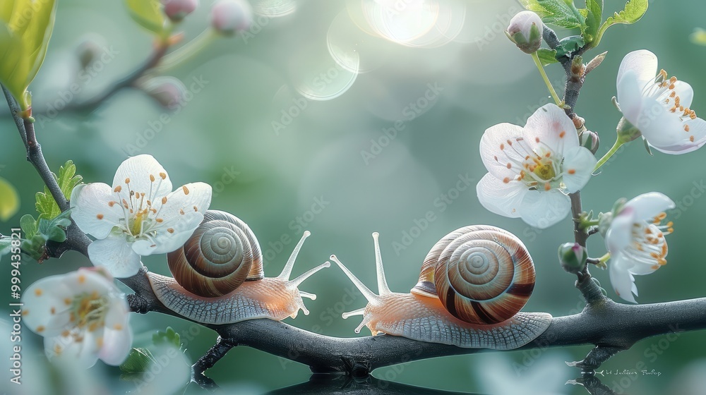 Poster on a thin branch with green leaves, there's a lovely snail family sitting on a spring green hazy bac