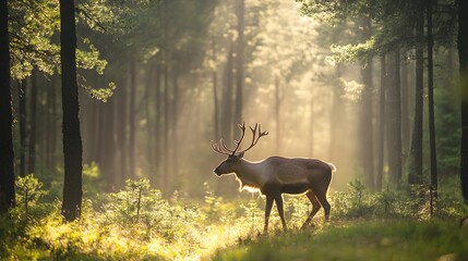 Reindeer exploring the depths of the quiet forest with sunlight filtering through