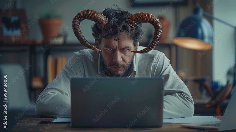 Poster a man with horns on his head is sitting at a desk with a laptop.