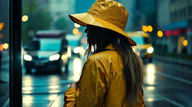 A woman wearing a yellow raincoat and hat stands at a bus stop in the rain, waiting for the bus