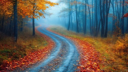 A rustic dirt road winding through a blue autumn forest, the golden and red leaves crunching beneath as the path disappears into the fog