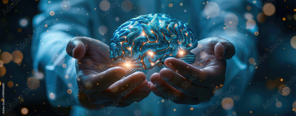 Aufkleber businessman holding a glowing brain hologram in his hands on a dark blue background with a bokeh eff
