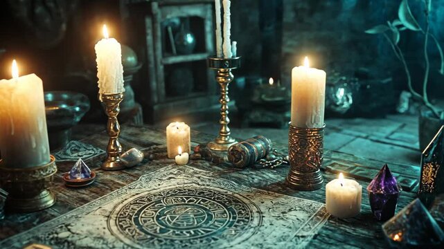 Candles illuminate a table covered in mystical objects in a dimly lit room