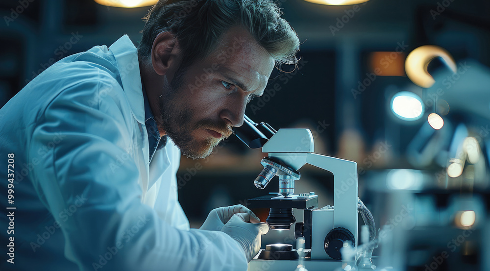 Leinwandbilder scientist in a white lab coat looking into a microscope in a lab. new technologies and discoveries.