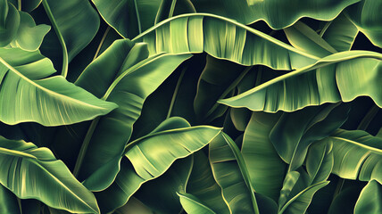 Lush green banana leaves arranged in a vibrant tropical setting during daylight hours