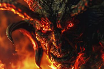 Scary sinister devil is in hell with dramatic fire lighting