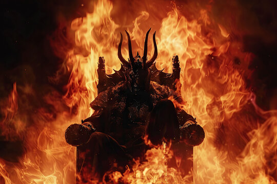 Scary sinister devil is in hell with dramatic fire lighting