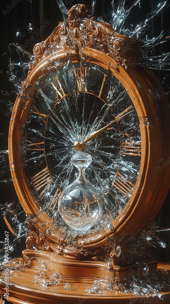 Poster A broken clock face with an hourglass in the middle. The glass is shattered and shards are flying out of the clock face.