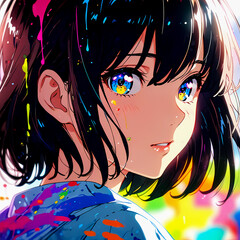 Naklejka premium An Anime Character's Vivid Expression: A Close-Up Face Splashed with Bright Paint, Wide Eyes Full of Joy and Surprise, Set Against a Colorful splash on hair