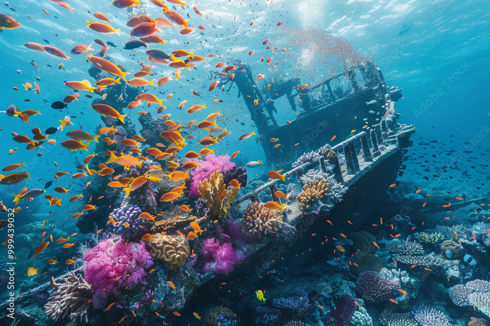 Wall mural Underwater view of an old sunken ship on seabed with fish swimming