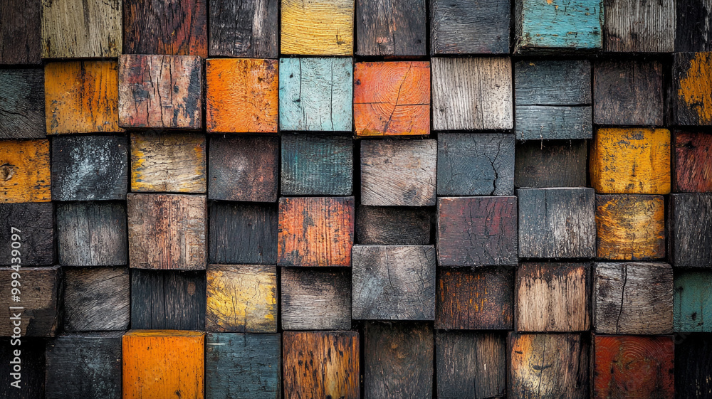 Poster colorful wooden blocks arranged in a geometric pattern on a wall in a rustic setting