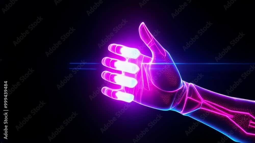 Poster close-up of a neon glowing hand closing into a fist.. ai generation