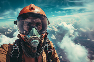 Parachutist with parachute makes heavenly adventure against backdrop of landscape