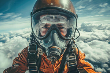 Parachutist with parachute makes heavenly adventure against backdrop of landscape