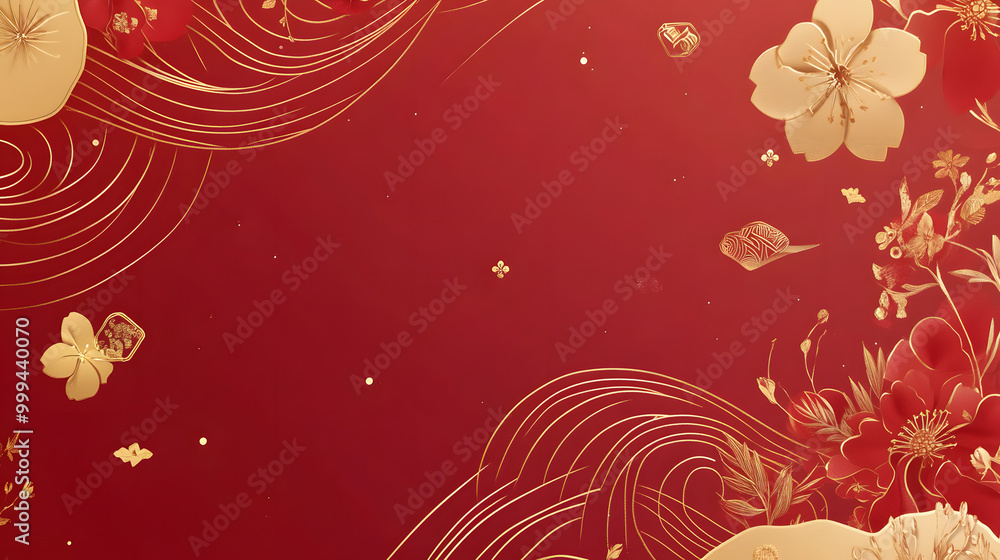 Poster a red background with golden gradient wave lines as decoration on the right side