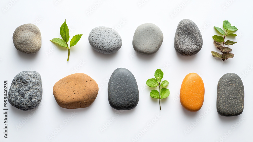 Aufkleber arrangement of smooth stones and green leaves on a white surface creating a calming nature display