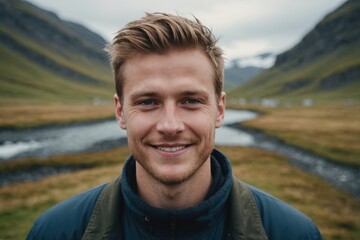Close portrait of a smiling young Icelander man looking at the camera, Icelander outdoors blurred background