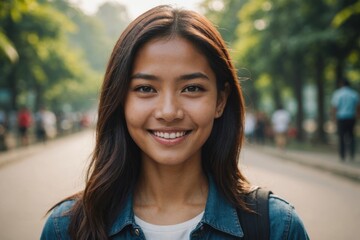 Fototapeta premium Close portrait of a smiling young Indonesian woman looking at the camera, Indonesian outdoors blurred background