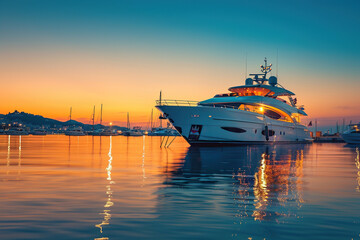 Fototapeta premium Luxury private motor yacht in tropical sea with soft blue wave on beautiful nature background