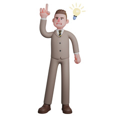 Professional 3D Judicial. A male lawyer is standing with a light on next to a coconut and his right hand is pointing up, as if he has an idea. Male