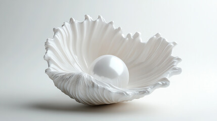 Elegant white shell bowl with a smooth, round pearl resting inside, showcasing fine craftsmanship