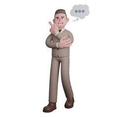 3D Model of Professional Male Lawyer. A male lawyer looks like he is thinking or contemplating, his left hand is placed on his chin, while his right hand is on his stomach. Legal Character