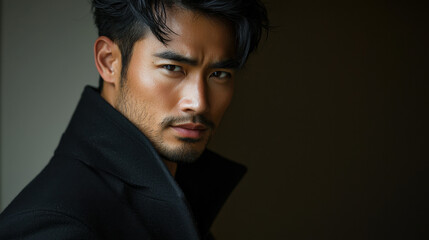 Portrait of a Handsome Asian Man with a Black Coat