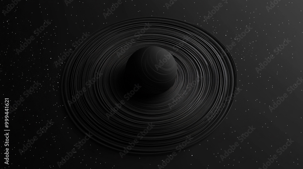 Poster a captivating black planet surrounded by intricate rings floating in a starry space background