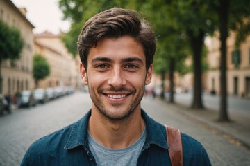 Close portrait of a smiling young Italian man looking at the camera, Italian outdoors blurred background