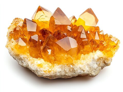 A close-up view of a large, bright, yellow, citrine crystal cluster, with many sharp points, on a white background.