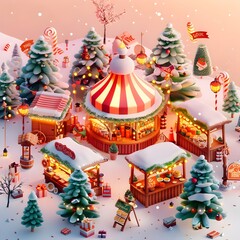 Naklejka premium Cute 3D Isometric of a Festive Christmas Market with Holiday and Food Stalls