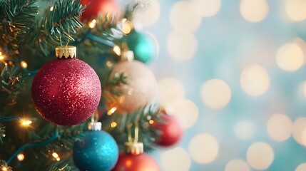Obraz premium a close-up of a decorated Christmas tree. The tree is adorned with shiny baubles in various colors, including red, blue, and gold. The background is softly blurred with warm, glowing lights