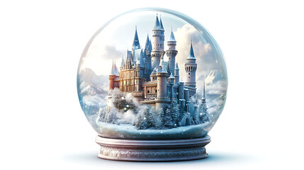 Fototapeta premium Snow globe featuring a castle surrounded by mountains and winter scenery.