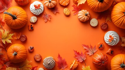 Festive Thanksgiving Flat Lay with Pumpkins Leaves and Sweet Treats on Orange Background