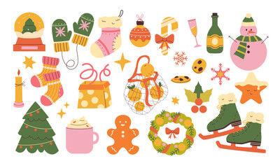 happy holidays elements set. New Year's Eve cute retro style set