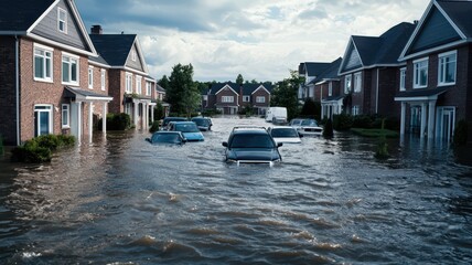 A flooded neighborhood with submerged cars and houses, depicting the aftermath of a heavy rainstorm or natural disaster.