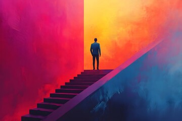 Silhouetted Figure Standing on an Endless Staircase with Vibrant Gradient Palette