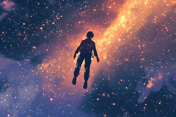 Naklejka premium Solitary Figure Floating Amidst Boundless Cosmic Expanse