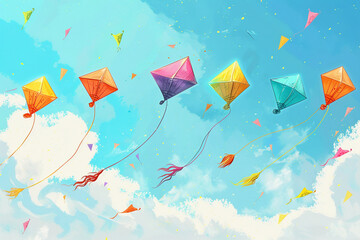 Beautiful greeting card with colorful kites soaring high above vibrant sky to holiday composition