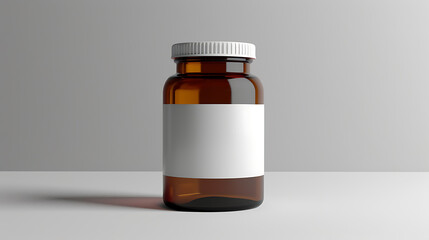 A brown glass bottle with a white label and lid, standing on a white surface against a white background.