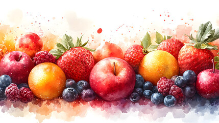 An Abstract Watercolor Background Featuring Colorful Fruits, Creating a Vibrant and Playful Atmosphere, Perfect for Use in Food-Related Designs, Illustrations, or Marketing Materials, This Artistic Co