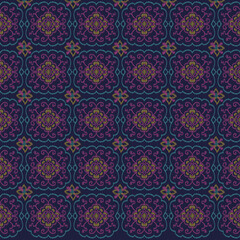 Traditional seamless ikat pattern of flowers and stars, red, yellow and green, and a dark background.