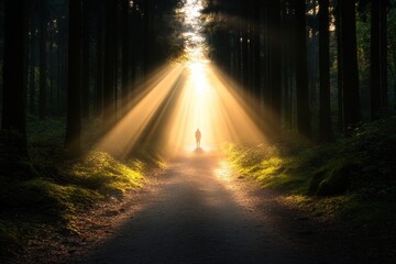 Fototapeta premium A serene forest path illuminated by sunlight beams, creating a mystical atmosphere as a figure stands in the distance.