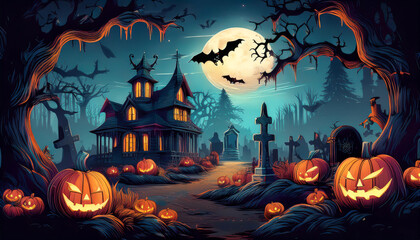 A halloween scene with a spooky house and pumpkins