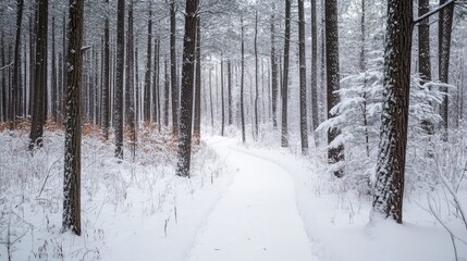 Fototapeta premium A snowy trail through a forest of pine and birch trees, with the ground blanketed in fresh snow and the forest floor barely visible under the thick white layer