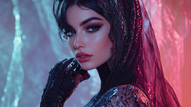 Portrait of a beautiful woman wearing a black lace dress and vei