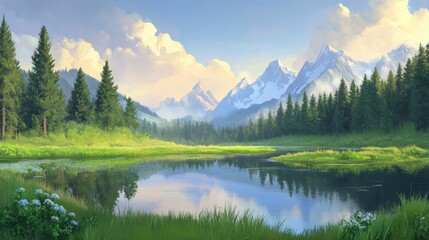 Fototapeta premium Serene Mountain Lake with Gentle Background and Tranquil Vibes