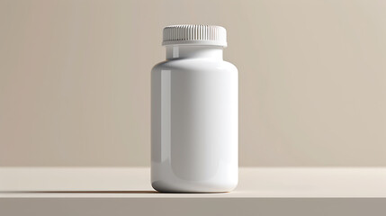 A white plastic bottle with a white lid sits on a white surface against a beige background. The bottle is a mockup for product packaging.